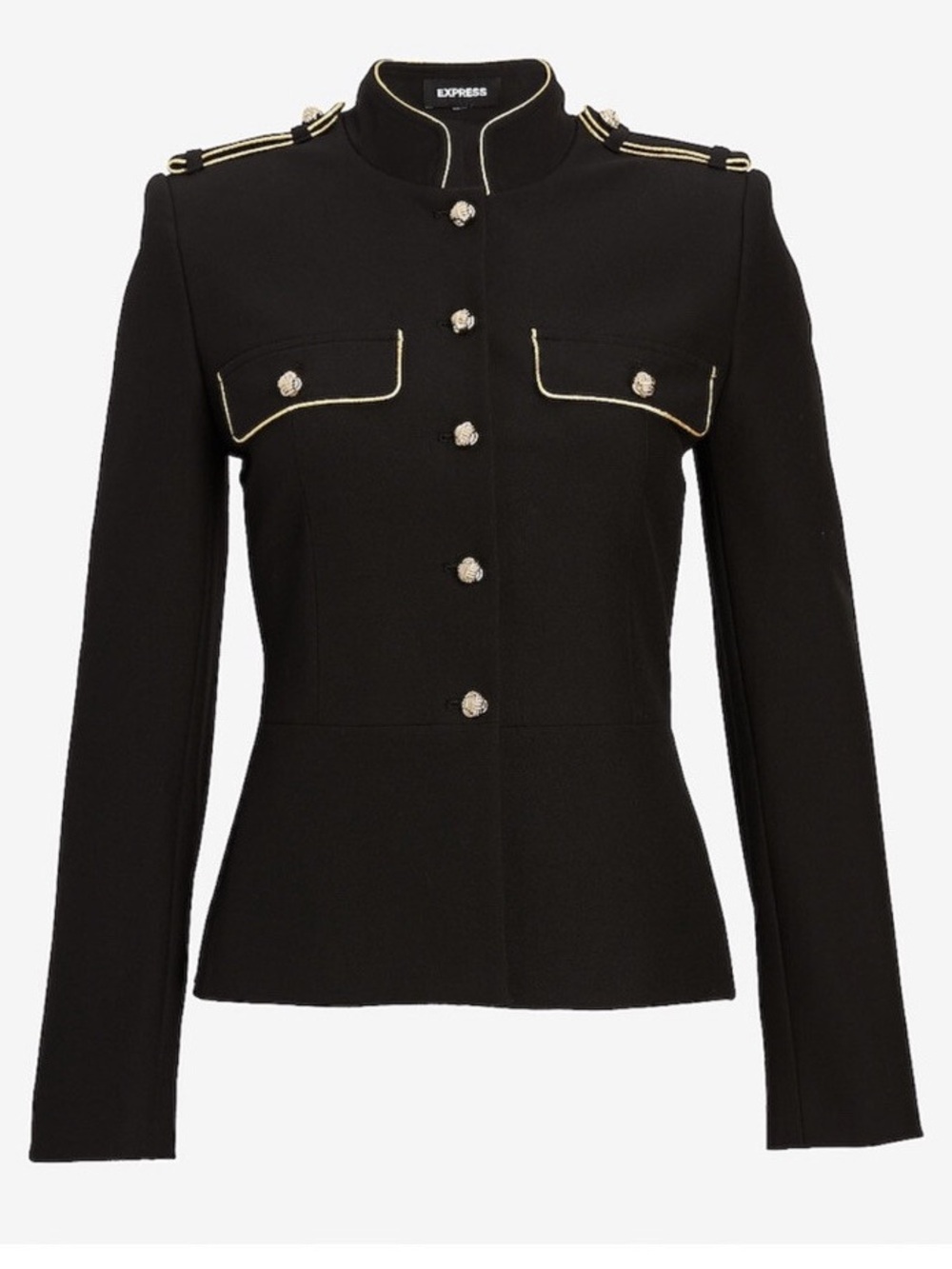Express Women’s Small Black Military-Style Blazer Jacket with Gold Trim